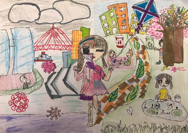 邓馨蕊+《期待春天》+南岸区珊瑚实验小学校+3年级2班+指导教师：黎妮+作品介绍：在2020年的新春之际，一场突如其来的新冠病毒肺炎，让大家不得不戴上口罩，居家隔离。不过，我们坚信：在全国人民和所有逆行英雄的努力下，一定会战胜病毒！等到春暖花开时节，让我们摘下口罩，在春日温暖的阳光下，畅快的呼吸玩耍！大家加油！.jpg